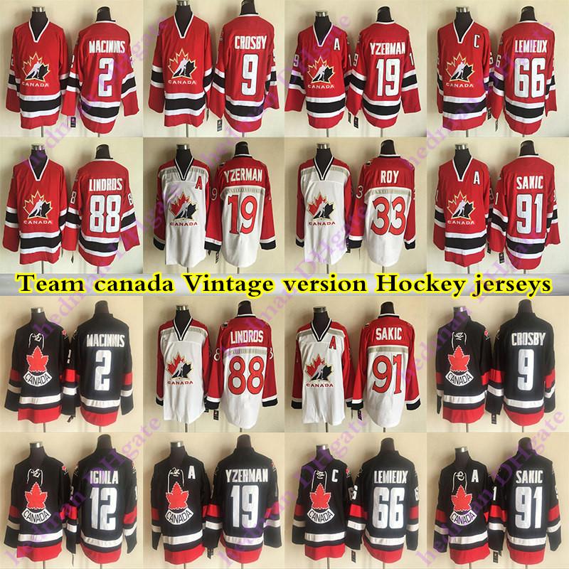 

Team Canada CCM Vintage jerseys 66 LEMIEUX 19 YZERMAN 9 CROSBY 33 ROY 91 SAKIC 88 LINDROS 2 MACINNIS 12 IGINLA Hockey jersey, Black