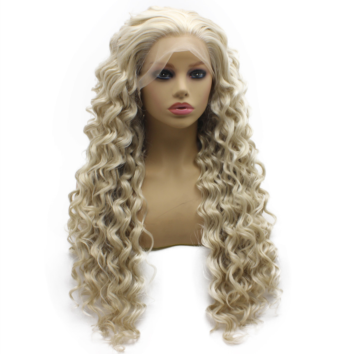 

26" Extra Long Ash Blonde Wig Curly Heat Friendly Synthetic Hair Lace Front Wig