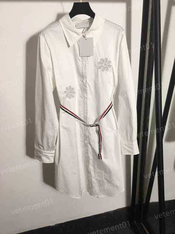 

Fashion Womens Dresses Embroidered Belt Lapel Button Midi Long Sleeve Shirt Dress High Quality Luxury Designer Women Clothing 0912