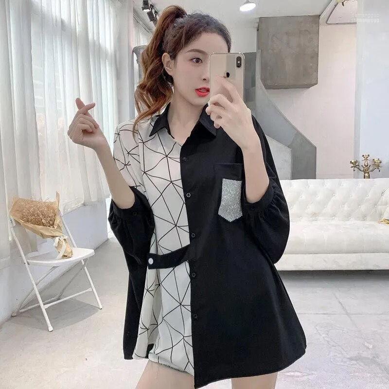 

Women's Blouses Women's & Shirts Stitching Shirt Long-sleeved Spring And Autumn Loose Large Size Western Style Mid-length Printed, Ivory