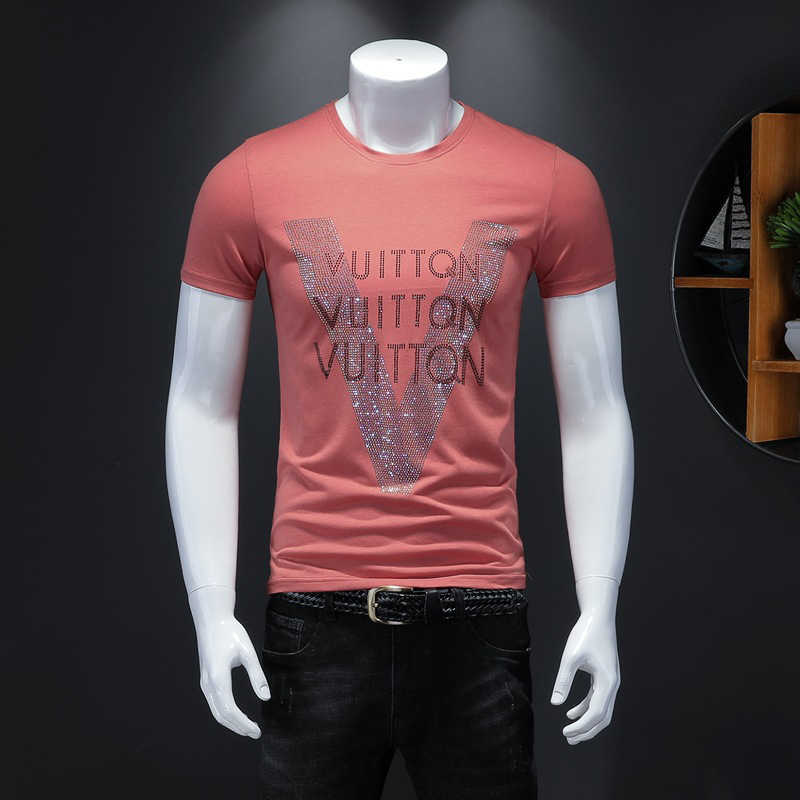 

Men's T-Shirts Men's Summer T-shirt New Designer Personalized Trend Mercerized Cotton Large V-Letter Hot Diamond Slim Casual Male Tees Clothing T221201, Coral red