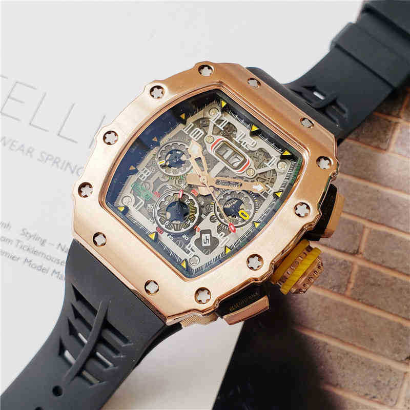 

Mens Mechanical Watch Full-featured Automatic High Hollow Glass Case Stainless Steel Black Rubber Swiss Movement Wristwatches