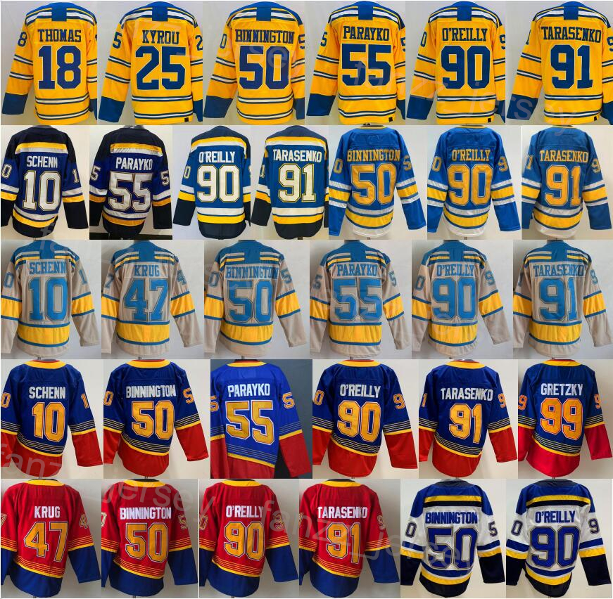 

2023 Reverse Retro Hockey 91 Vladimir Tarasenko Jerseys 90 Ryan OReilly 50 Binnington 55 Colton Parayko 10 Brayden Schenn Team Blue White Yellow 2022 Winter Classic