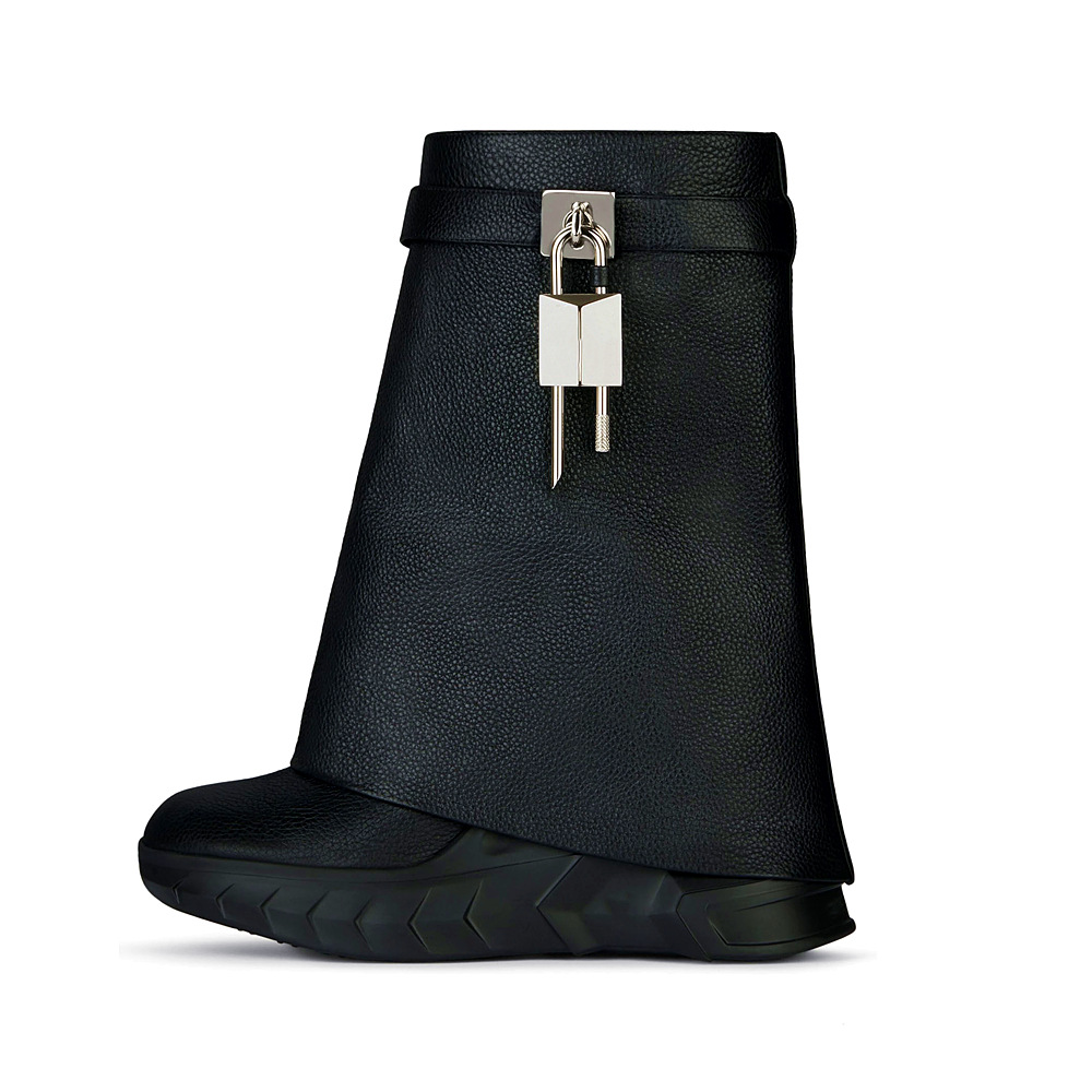 

Fashion Women's Boots Autumn Winter 2022 New European and American Shark Round Head Thick Bottom High Heel Lock Buckle with Wool Sleeve Middle Boots, Shoe box
