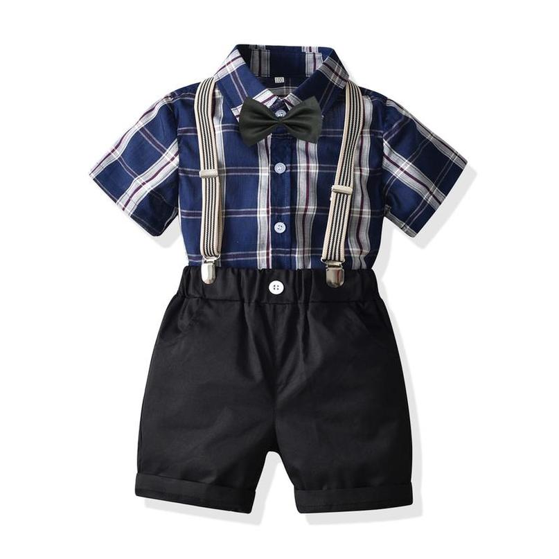 

Clothing Sets Suits Dress Children Boys Plaid Short Sleeve Shirt Bib Shorts Gentleman Bao Summer Cardigan Show Ceremony E17414, C1