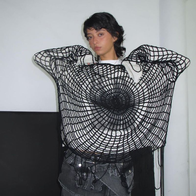 

Women's Sweaters Gothic Mens Hollow Out Knitted Double Knit Pullovers Vintage Harajuku Academia Cotton Oversized Tops Y2K 221130, Black