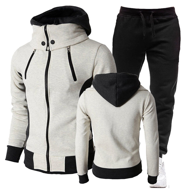

Men's Tracksuits Double Zipper Jacket Autumn and Winter Casual Suit Lapel Design Fashion Hooded Sports Pants 221129, Beige