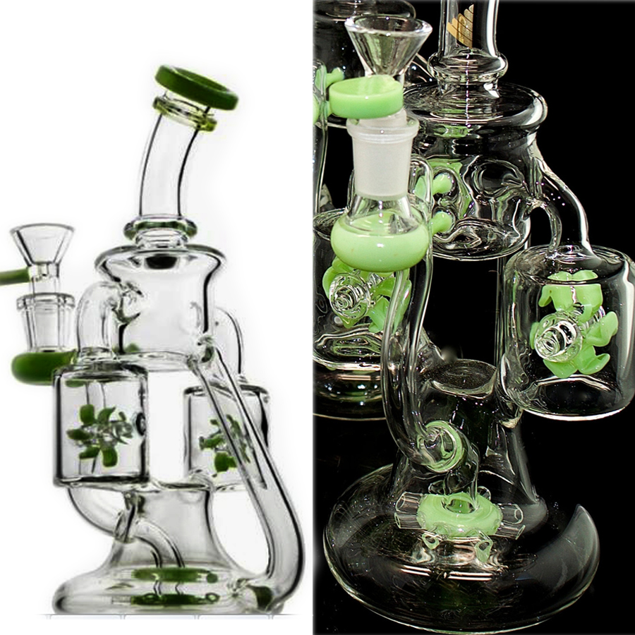

Unique Glasses Bongs Hookahs Double Recycler Bong Dab Rigs Green 14mm Water Pipes Heady Glass Bowl 9.4''