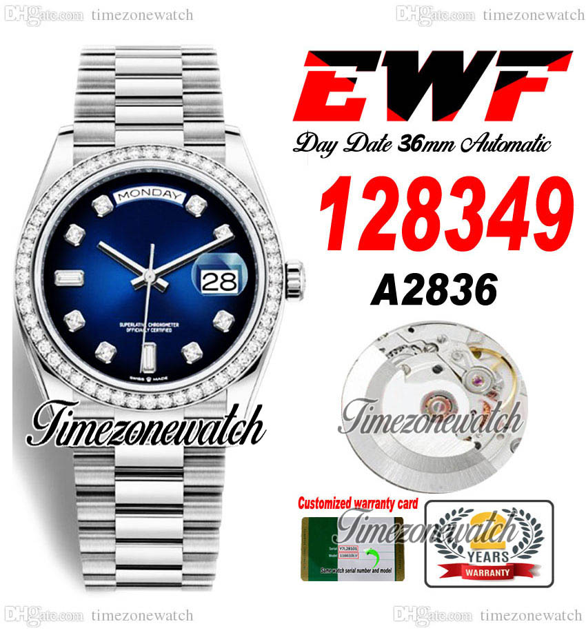 

EWF DayDate 36mm 128349 A2836 Automatic Mens Watch Diamonds Bezel D-Blue Diamond Dial OysterSteel Bracelet Same Serial Card Super Edition Timezonewatch A1, Custom warranty card