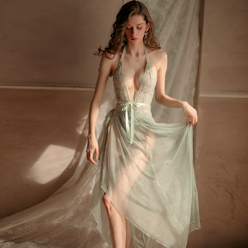 

Sexy Pyjama Pajamas Sheer Tie Long Nightdress  Dress  See Through L220930, Champagne