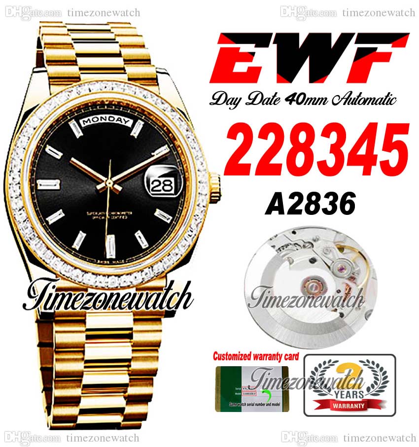

EWF DayDate 40 228345 A2836 Automatic Mens Watch Diamonds Bezel Yellow Gold Black Diamond Dial OysterSteel Bracelet Same Serial Card Super Edition Timezonewatch D4, Custom warranty card