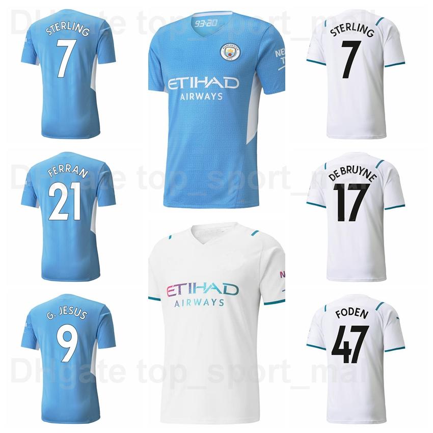 

Soccer 2021 2022 Man City Soccer Jersey Blue White 8 GUNDOGAN 7 STERLING 26 MAHREZ 9 G.JESUS 21 FERRAN 47 FODEN 17 DE BRUYNE 5 STONES 20 BER, With patch