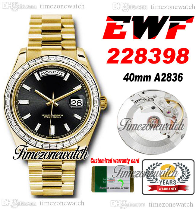 

EWF V2 DayDate 228396 A2836 Automatic Mens Watch 40 YG Diamonds Bezel Black Baguette Diamond Dial President Bracelet Same Serial Card Super Edition Timezonewatch E5, Custom warranty card