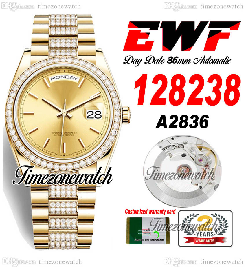 

EWF DayDate 36mm 128235 A2836 Automatic Mens Watch Yellow Gold Champagne Stick Dial Diamond OysterSteel Bracelet Same Serial Card Super Edition Timezonewatch L12, Custom warranty card