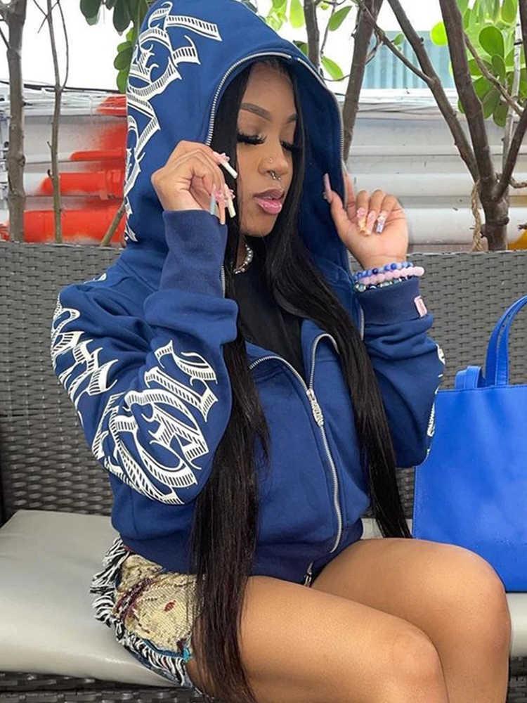 

New Streetwear Letter Printed Women Hoodie Jackets Zip Up Long Sleeve Gothic Punk Y2k Winter Ladies Clothes Vintage Graphic 90s Top, Auburn