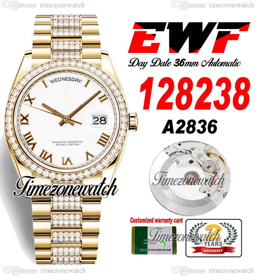 

EWF DayDate 36mm 128235 A2836 Automatic Mens Watch Yellow Gold White Roman Dial Diamond OysterSteel Bracelet Same Serial Card Super Edition Timezonewatch h8, Custom warranty card