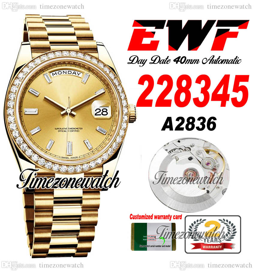 

EWF DayDate 228345 A2836 Automatic Mens Watch Diamonds Bezel Yellow Gold Champagne Diamond Dial OysterSteel Bracelet Same Serial Card Super Edition Timezonewatch, Custom warranty card