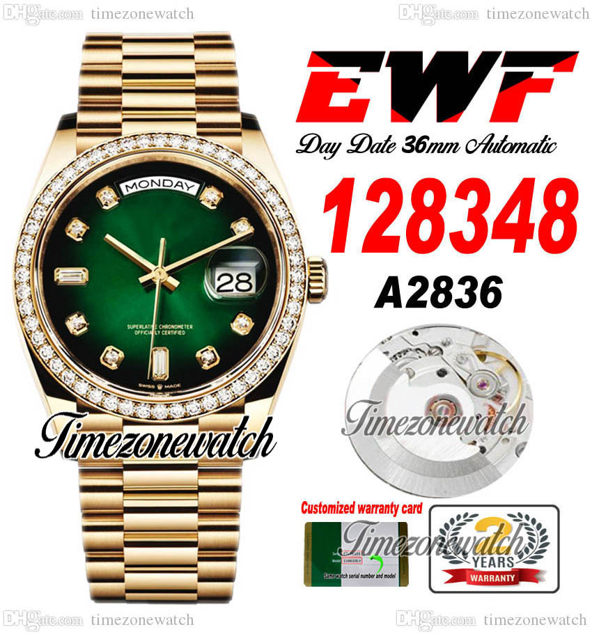 

EWF 36 DayDate 128348 A2836 Automatic Mens Watch Yellow Gold Diamonds Bezel Green Diamond Dial OysterSteel Bracelet Same Serial Card Super Edition Timezonewatch A1, Custom warranty card