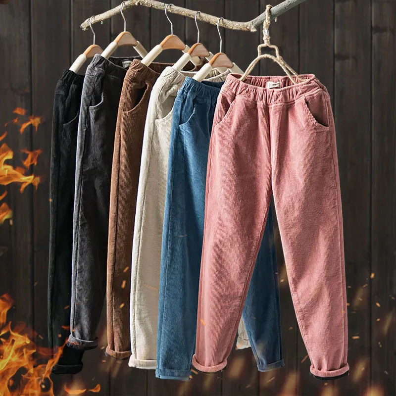 

Women  Pants Corduroy Straight For Women Plus Size  3XL High Waist Slim Stretch High Quality Cotton Chic Casual Mom Trousers 220930, Dark brown