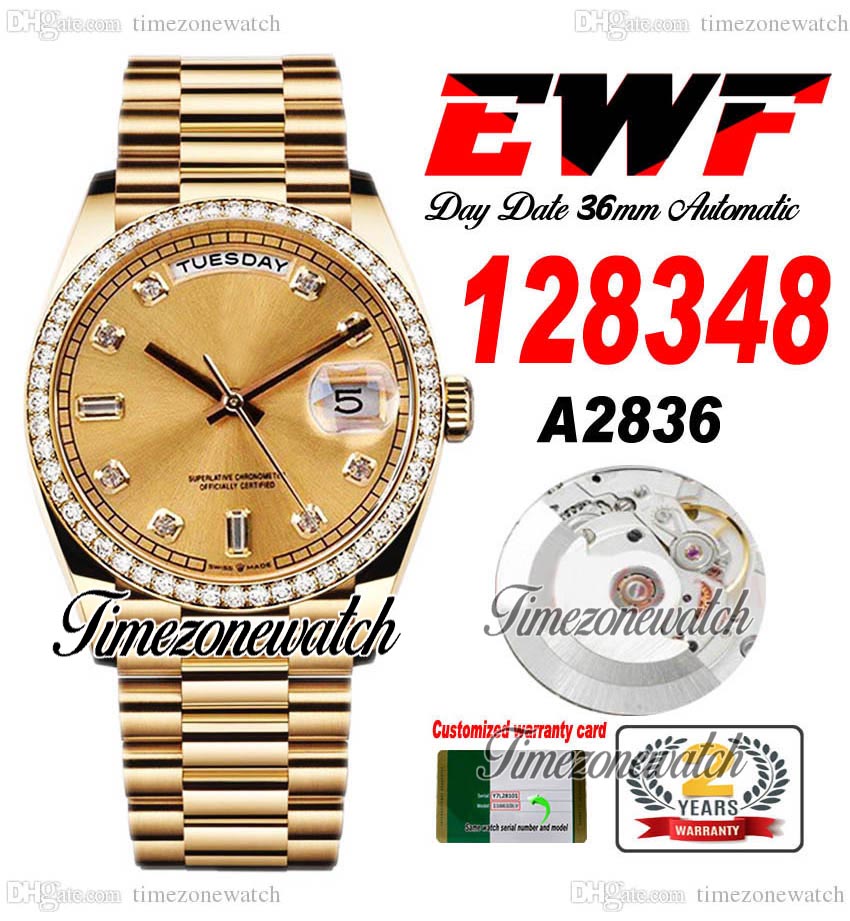 

EWF DayDate 128348 A2836 Automatic Mens Watch Yellow Gold Diamonds Bezel Champagne Diamond Dial OysterSteel Bracelet Same Serial Card Super Edition Timezonewatch, Custom warranty card