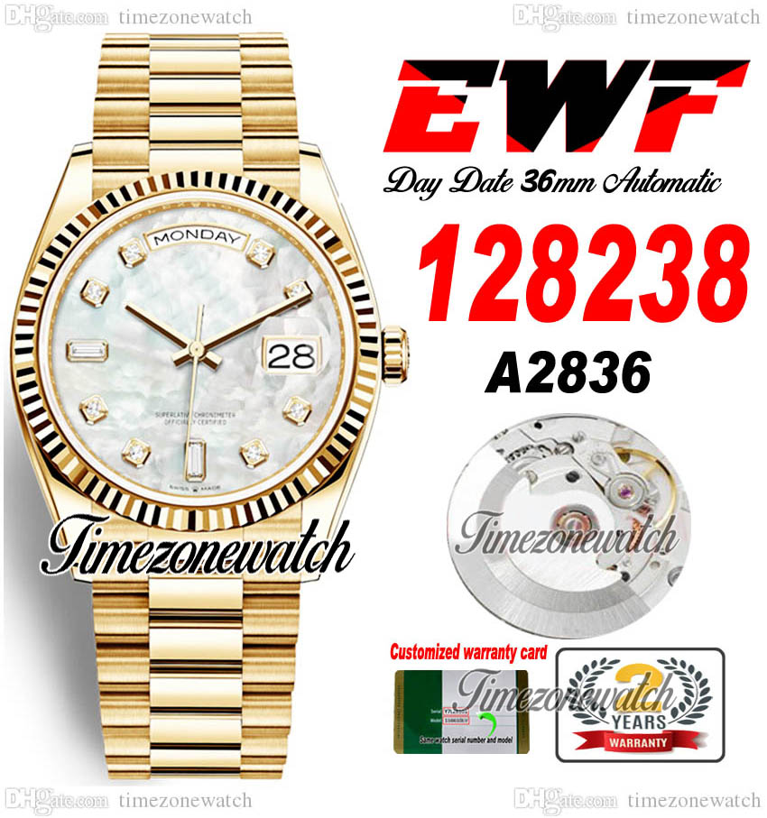 

EWF DayDate 36mm 128238 A2836 Automatic Mens Watch Eta Yellow Gold MOP Dial Diamonds Markers OysterSteel Bracelet Same Serial Card Super Edition Timezonewatch B2