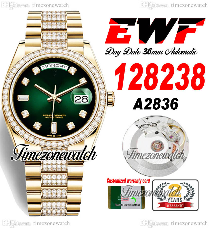 

EWF DayDate 36mm 128235 A2836 Automatic Mens Watch Yellow Gold Green Diamonds Dial Diamond OysterSteel Bracelet Same Serial Card Super Edition Timezonewatch M13, Custom warranty card