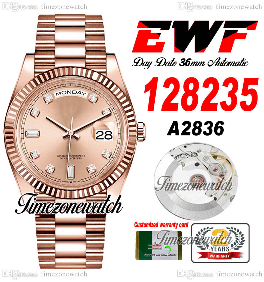 

EWF DayDate 36mm 128235 A2836 Automatic Mens Watch Rose Gold Dark Champagne Diamonds Dial OysterSteel Bracelet Same Serial Card Super Edition Timezonewatch D4, Custom warranty card