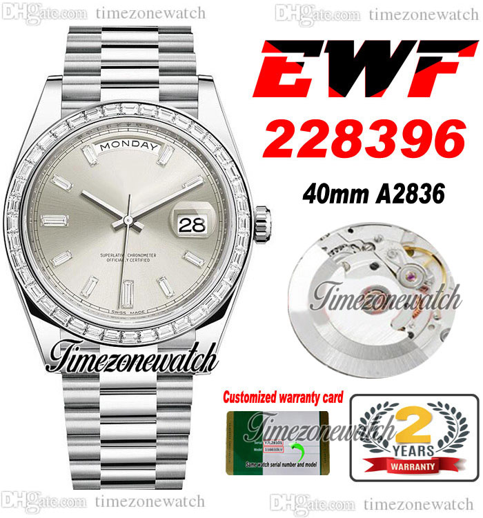 

EWF V2 DayDate 228396 A2836 Automatic Mens Watch 40 Diamonds Bezel Silver Baguette Diamond Dial President Bracelet Same Serial Card Super Edition Timezonewatch C3, Custom warranty card