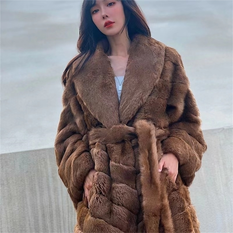 

Womens Fur Faux Women Real Rabbit Coats With Natural Whole Skin Genuine Rex Long Coat Winter 220930, Camel