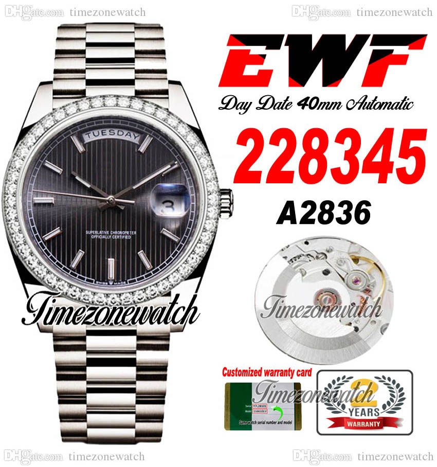 

EWF DayDate 228345 A2836 Automatic Mens Watch Diamonds Bezel Gray Textured Dial Stick OysterSteel Bracelet Same Serial Card Super Edition Timezonewatch E5, Custom warranty card