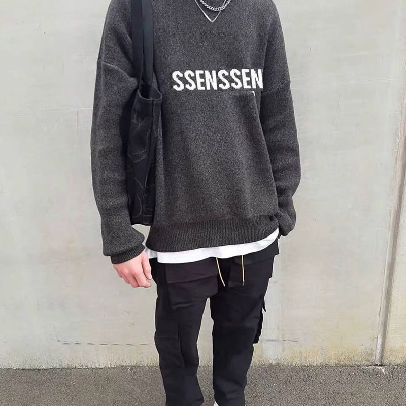 mens designer hoodies loose knit jumper unisex womens sweatshirt khaki solid color long sleeve crewneck sweater for lover couple casual pullover-image-770972172