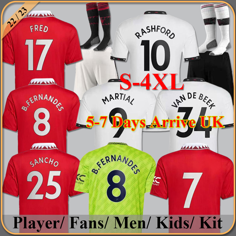 

SANCHO soccer jerseys 22 23 Fans Player version MANS UTD MARTIAL MANCHESTERS B.FERNANDES RASHFORD Martinez SHAW ERIKSEN 2022 2023 football shirt men kids kit set, 22/23 away player +patch