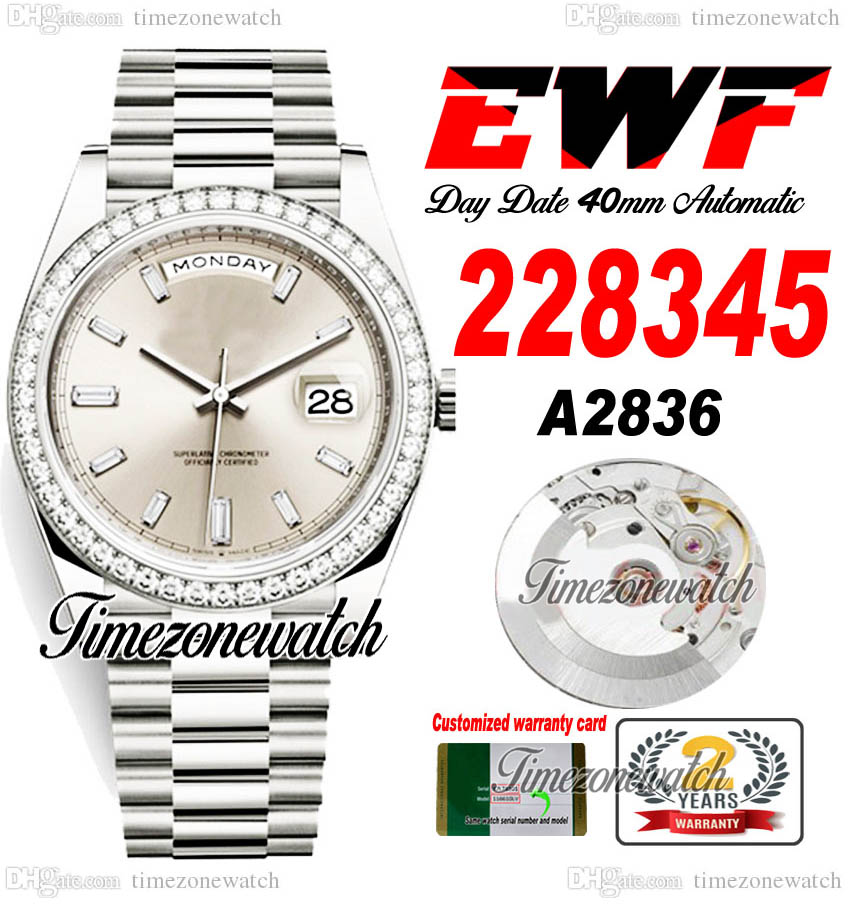 

EWF DayDate 228345 A2836 Automatic Mens Watch Diamonds Bezel Silver Dial Diamond Stick OysterSteel Bracelet Same Serial Card Super Edition Timezonewatch A1, Custom warranty card
