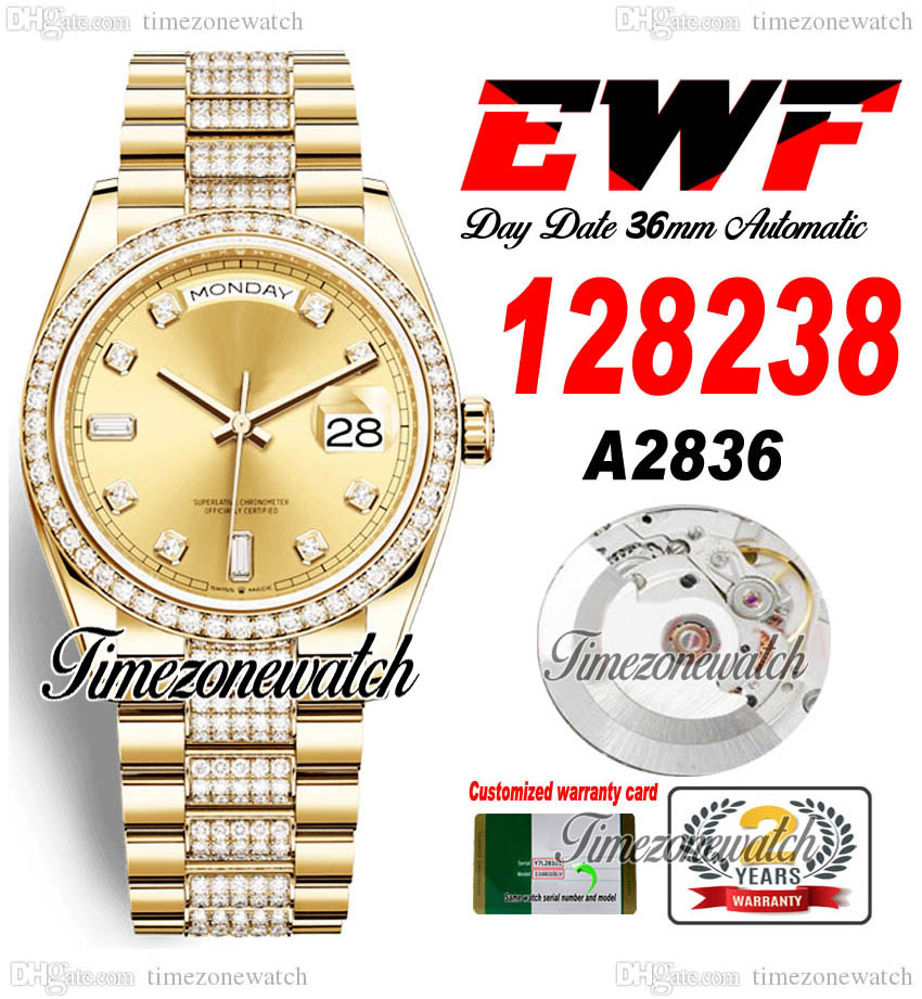 

EWF DayDate 36mm 128235 A2836 Automatic Mens Watch Yellow Gold Champagne Diamonds Dial Diamond President Bracelet Same Serial Card Super Edition Timezonewatch J, Custom warranty card