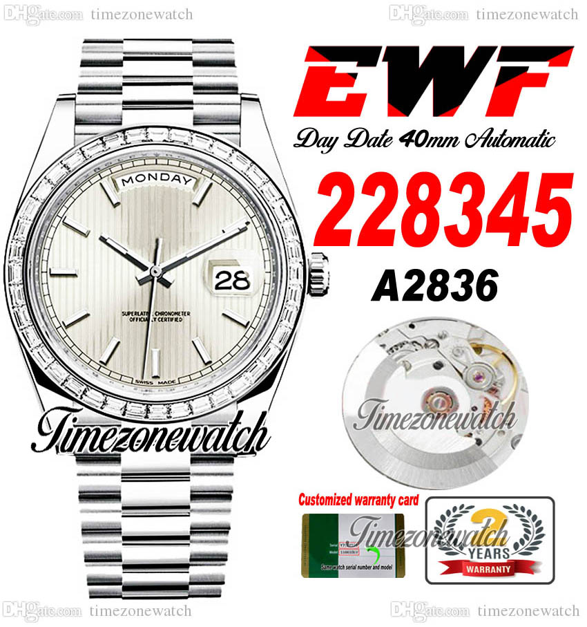 

EWF DayDate 228345 A32836 Automatic Mens Watch Diamonds Bezel Silver Textured Dial Stick OysterSteel Bracelet Same Serial Card Super Edition Timezonewatch C3, Custom warranty card