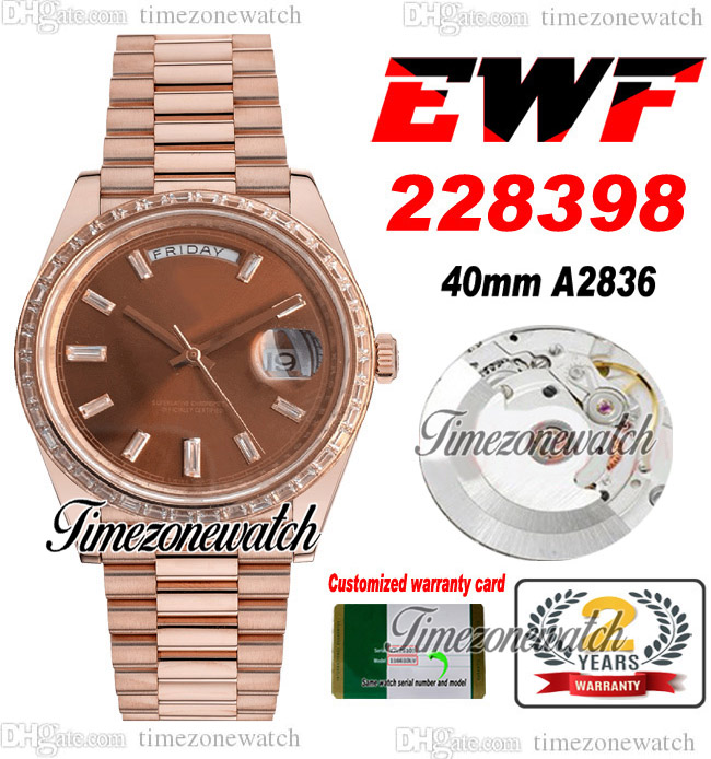 

EWF V2 DayDate 228398 A2836 Automatic Mens Watch RG Diamonds Bezel Brown Baguette Diamond Dial President Bracelet Same Serial Card Super Edition Timezonewatch H8, Custom warranty card
