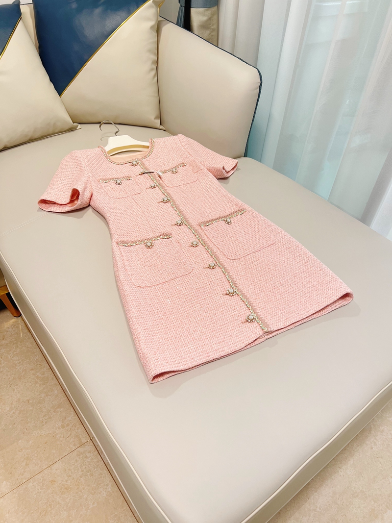 Automne Round Couche en tweed Robe lambrisée rose Couleur solide poches à manches courtes courtes robes décontractées à poitrine mono-pont 622738