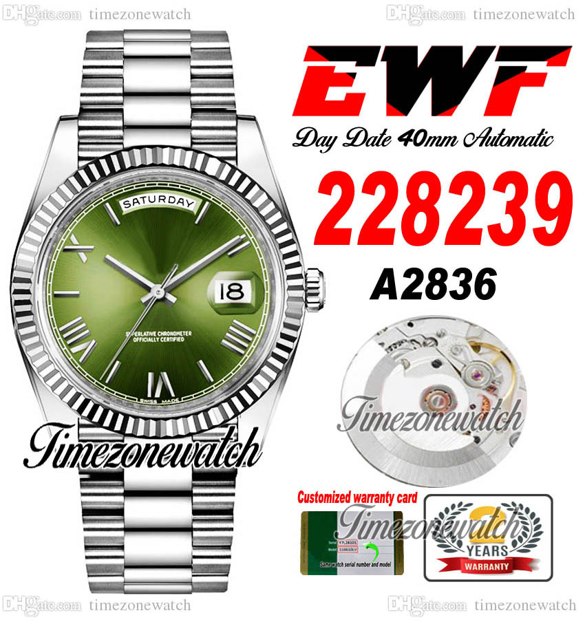 

EWF DayDate 228398 A2836 Automatic Mens Watch Flute Bezel Green Dial Silver Roman Markers President Bracelet Same Serial Card Super Edition Timezonewatch C3, Custom warranty card