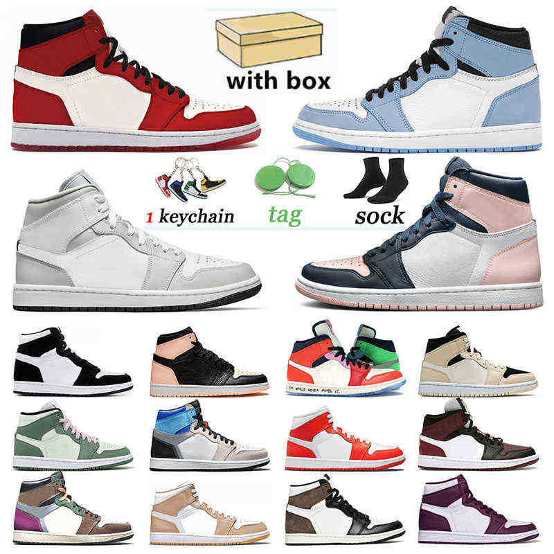 

With Box Jumpman 1 1s High OG Basketball Shoes University Blue Bubble Gum Off Mid Original Sports Sneakers Men Women Light Smoke Grey White, B28 36-46 royal toe