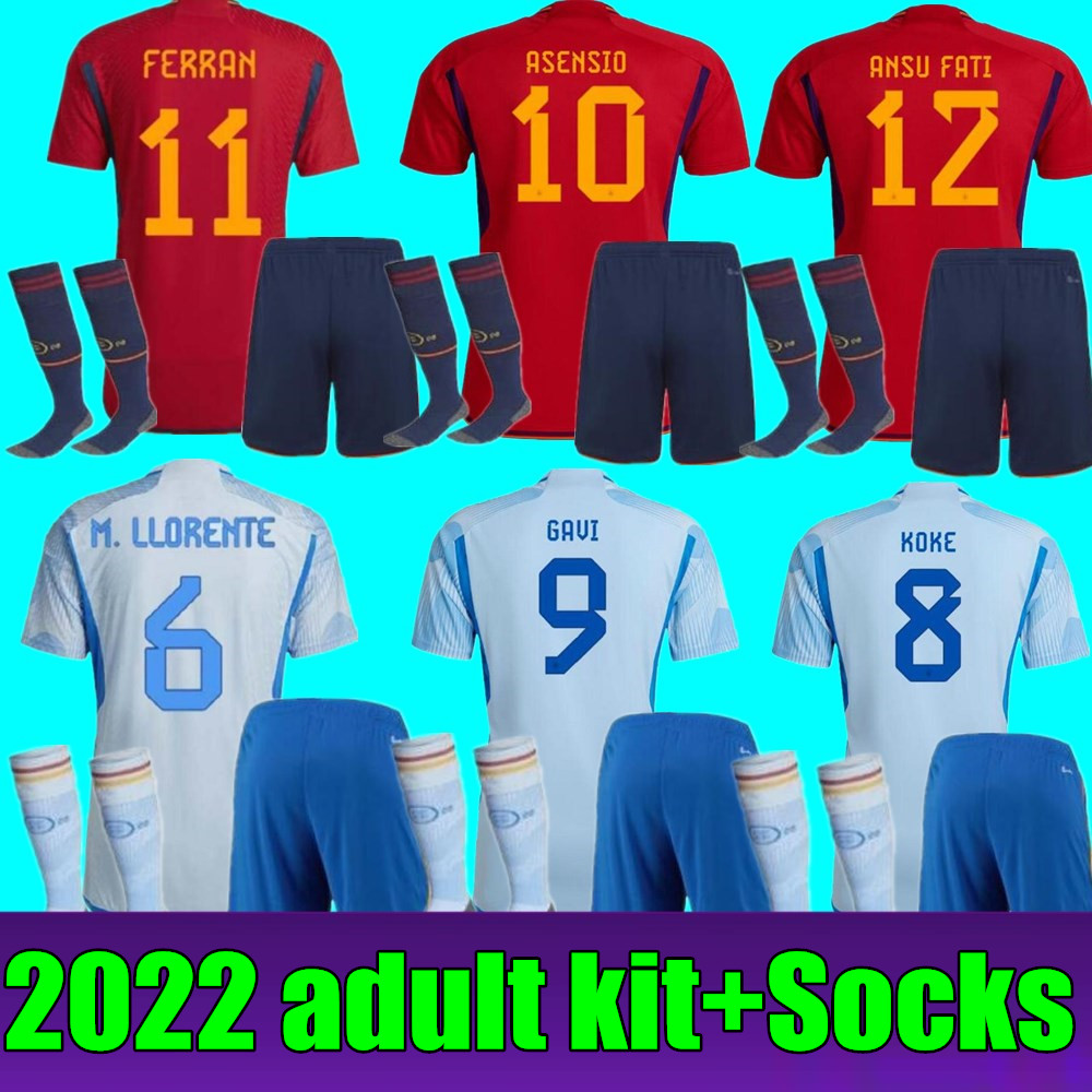 

adult kit 22 23 Spain soccer jerseys 2022 PEDRI Espana MORATA FERRAN KOKE GAVI AZPILICUETA RAMOS fans Player version football shirts men kits LLORENTE ANSU FATI, Away+world cup patch