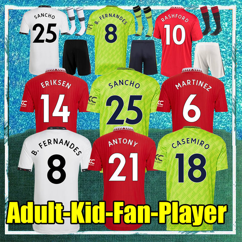 

22 23 ManchesterS UtdS soccer jerseys RONALDOS SANCHO F. DE JONG Player version BRUNO MANS UTDS FERNANDES football shirts men kids kits 105205 jersey, Home player