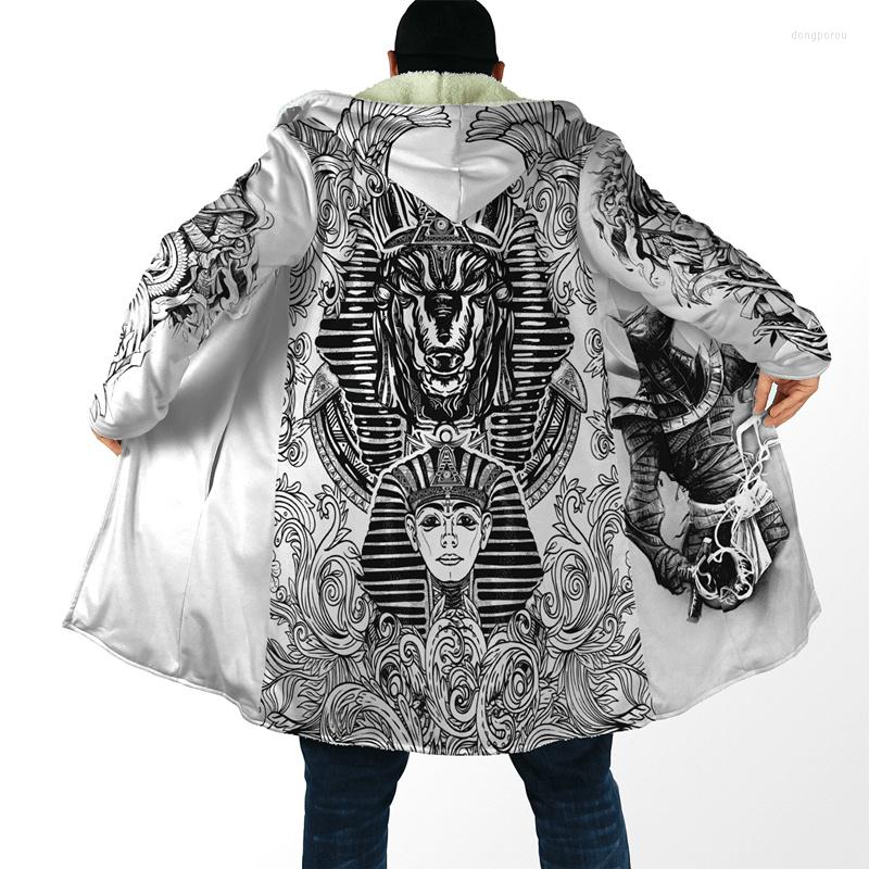 

Men' Trench Coats Fashion Winter Hooded Cloak Egyptian Ancient God 3D Print Men' Fleece Windbreaker Unisex Casual Thick Warmth H025, Black