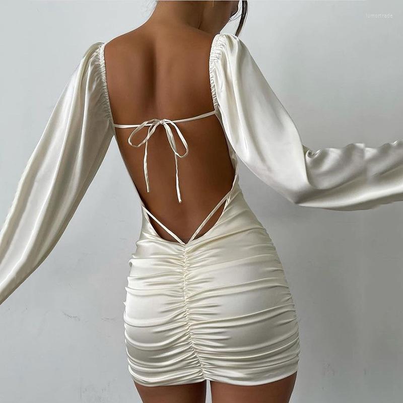 Robes décontractées Zoctuo 2022 Femmes de printemps Été Solide Lantern Long Satin Satin Robe Lace Up Bodless Bodyconn Sexy Party Elegant