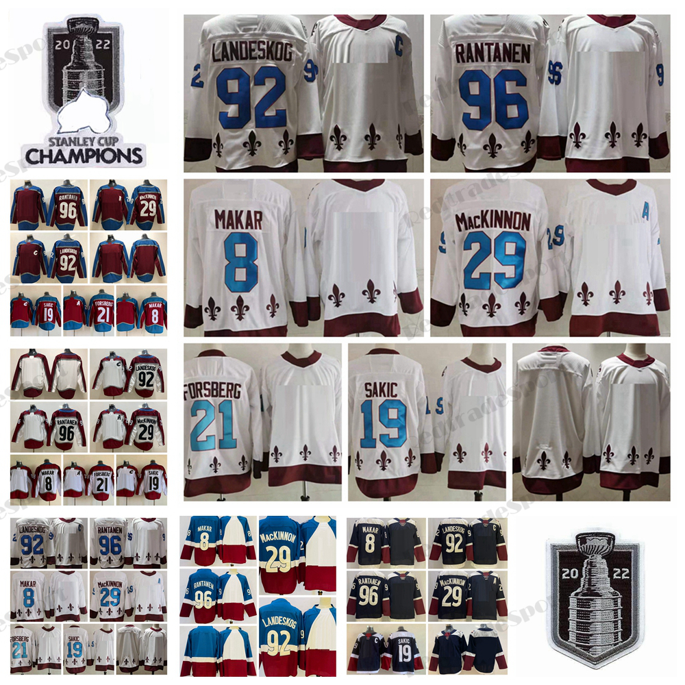

2022 Stanley Cup Champions 96 Mikko Rantanen Hockey Jerseys 8 Cale Makar 29 Nathan MacKinnon 92 Gabriel Landeskog Joe Sakic Peter Forsberg, White