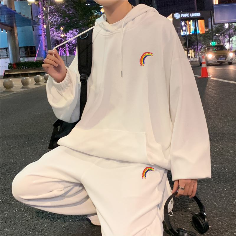 

Men's Tracksuits Spring style men's casual suit port wind waffle GE sports suit lovers sweater and Hoodie set men 220930, Black