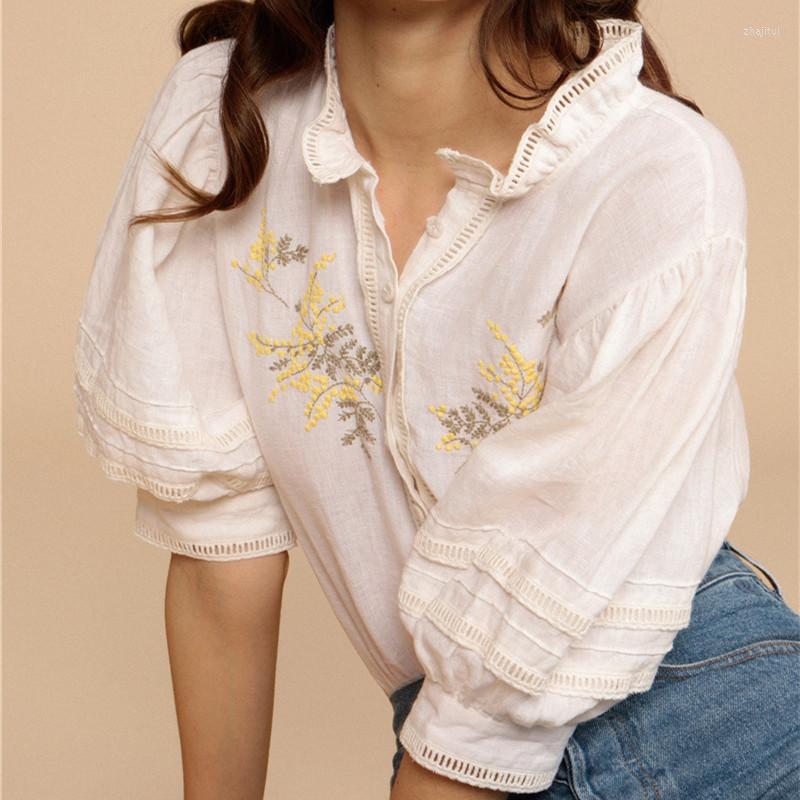 

Women' Blouses Women' & Shirts White Floral Embroidery Shirt Women Puff Sleeve Sweet Hollow Out Linen Blouse