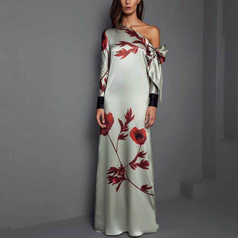 Robes de soirée 2021 mode imprimé fleuri droite à manches longues épaules dénudées nœud automne mère de la mariée Robe décontractée robes de soir