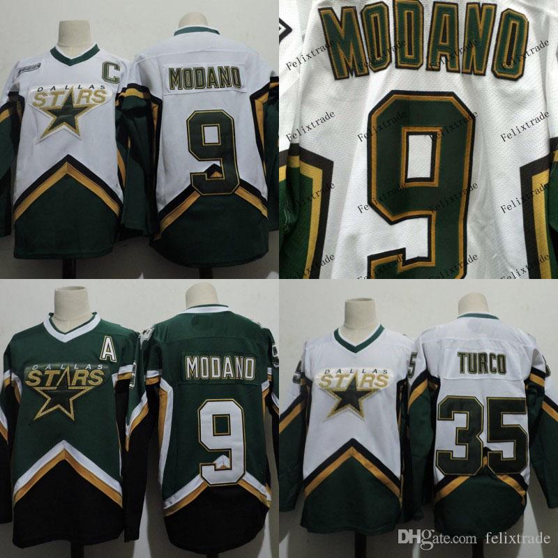 

Hockey Mens Dallas Stars 9 Mike Modano 35 MARTY TURCO 1999 2005 2003 Jerseys Vintage Embroidery Cheap Stiched Hockey Jersey Green White, 9 white