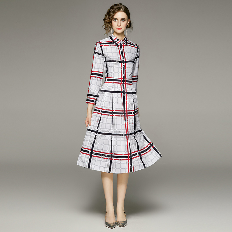 Élégant Blanc Midi Chemise Imprimé Robe Bouton À Manches Longues 2022 Designer Femmes Casual Bureau Robes Turndown Cou Piste Dames Cocktail Robes