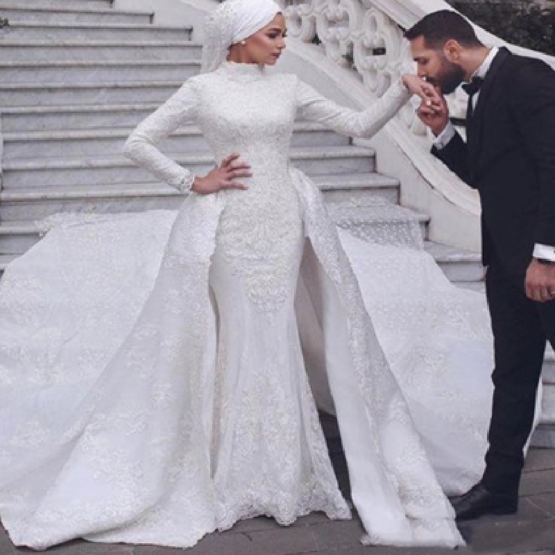 2023 robes de mariée sirène de luxe pure cou manches longues illusion pleine dentelle appliques élégantes surjupes bouton dos chapelle train robe
